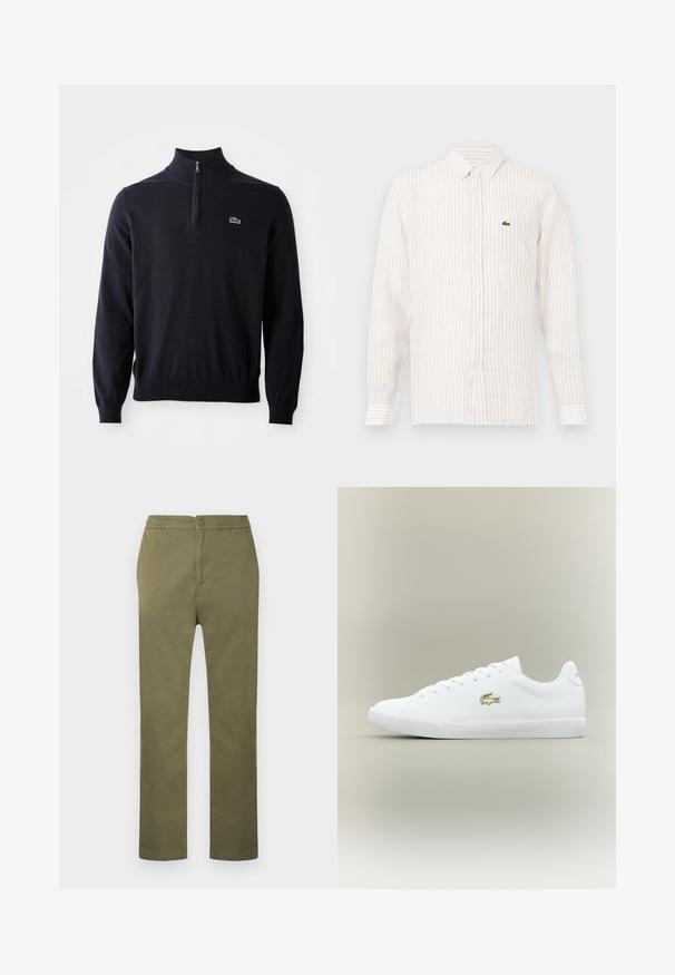 Marineblauwe pullover met een kwart-rits kraag, ribgebreide manchetten en zoom, gemaakt van zacht materiaal, met een klein groen krokodil logo op de borst.; Lichtgekleurde gestreepte shirt met lange mouwen, button-down kraag en een klein groen logo op de linkerkant van de borstzak. Katoenen materiaal.; Lichtgewicht katoenen broek in olijfgroen met een elastische taille, knoopsluiting en een rechte broekspijp. Geen zichtbare patronen of accenten.; Witte leren sneakers met een gouden logo, platte veters, textuur witte zool, ronde neus en een minimalistisch ontwerp.