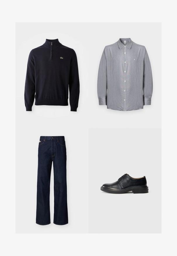 Marineblå pullover med kvart-zip hals, ribbede manchetter og kant, lavet af blødt stof, med et lille grønt krokodillelogo på brystet.; Herre langærmet skjorte med fine grå og hvide striber, spids krave og lille hvid broderet logo på brystet.; Mørkeblå, straight-leg denimjeans med fem-lommes design og knaplukning, vist på en ensfarvet lys baggrund.; Sorte læder oxford sko med rund tå, snørebånd foran og lav, stablet hæl på lys baggrund.