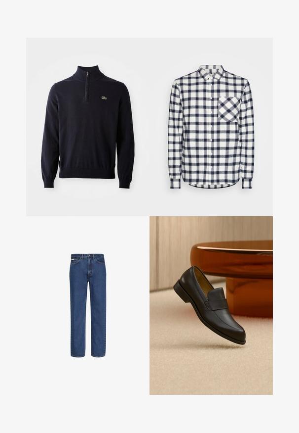 Tumesinine pullover neljatõmbe kaelusega, soonikkoes mansettide ja allaosa äärega, valmistatud pehmest kangast, millel on rinnal väike roheline krokodilli logo.; Valge ja tumesinine ruuduline flaneelsärk, millel on nööbid ees, pikad varrukad ja rinnaine tasku. Omab klassikalist kraed ja ümmargust alläärte.; Sinised sirgelõikelised teksapüksid denimist, millel on viis taskut, nööbi- ja tõmblukukinnitus ning kangal õrn pleekimine.; Mustast nahast madala kontsaga mokassiin hõljumas beeži vaibaga põranda kohal ümmarguse pruuni laua lähedal.