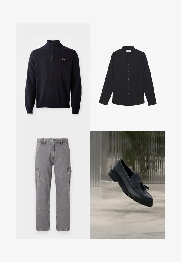 Marineblå pullover med kvart-zip hals, ribbede manchetter og kant, lavet af blødt stof, med et lille grønt krokodillelogo på brystet.; Sort langærmet skjorte lavet af blødt stof, med knaplukning fortil, krave og lige kant med subtil tekstur.; Grå cargo bukser lavet af denimstof med flere lommer, en lige pasform og synlige syninger.; Sorte læderloafers med en glat tekstur, en rundet tå og dekorative kvaster foran. Fleksibel gummisål med lav hæl.