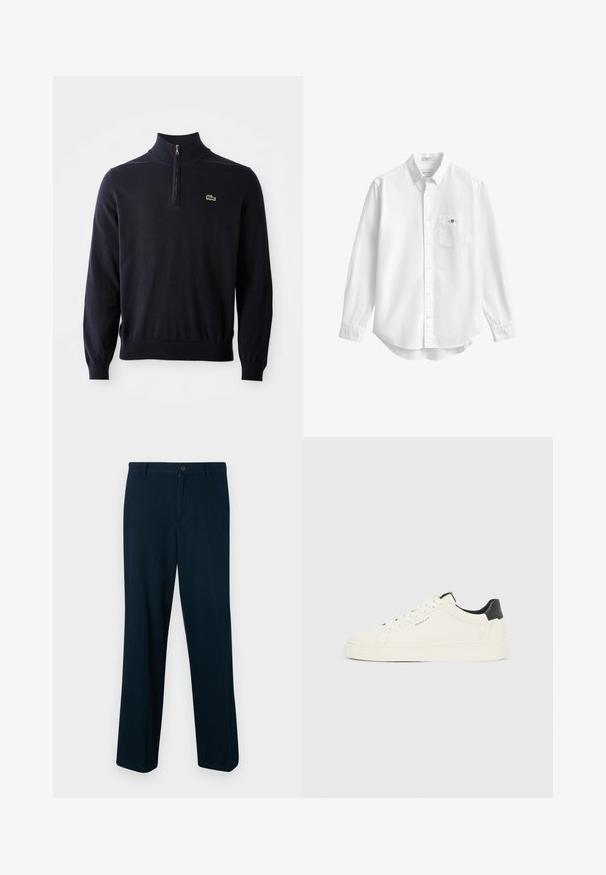 Pull-over bleu marine avec col à fermeture éclair quart de tour, poignets et ourlet côtelés, fabriqué en tissu doux, avec un petit logo de crocodile vert sur la poitrine.; Chemise blanche à manches longues boutonnée avec col et poche poitrine présentant un petit logo brodé.; Pantalons bleu marine en tissu lisse, dotés d'une fermeture à bouton, d'une coupe droite et d'un design minimaliste.; Baskets basses blanches avec languette de talon noire, lacets blancs et logo "GANT" sur le côté, présentées sur un fond clair uni.