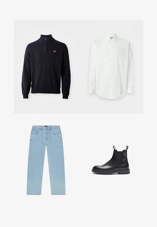 Marineblå pullover med kvart-zip hals, ribbede manchetter og kant, lavet af blødt stof, med et lille grønt krokodillelogo på brystet.; Hvid skjorte med lange ærmer, knapper foran, klassisk krave og manchetter, vist mod en ensartet lys baggrund.; Lyseblå jeans med lige ben, forlommer, bæltestropper, snøre i taljen og knaplukning, med et Lee-mærke på linningen.; Sorte læder Chelsea-støvler med tekstureret finish, elastiske sidepaneler og trækflapper. Har en kraftig gummisål med mønster.