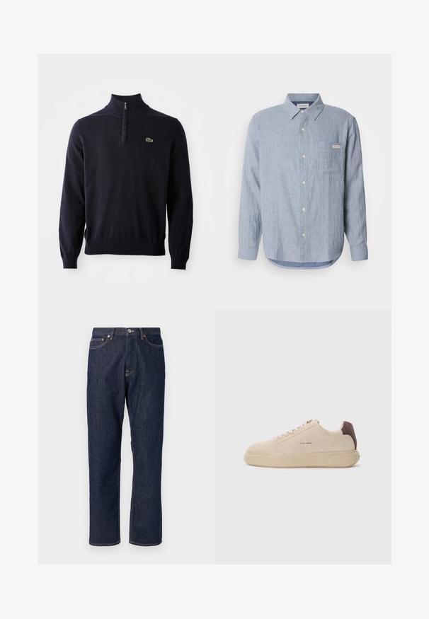 Dunkelblauer Pullover mit einem Viertelreißverschluss-Kragen, Rippbündchen und -saum, aus weichem Material hergestellt, mit einem kleinen grünen Krokodil-Logo auf der Brust.; Hellblau gestreiftes Button-Up-Hemd, aus Baumwollstoff, mit langen Ärmeln, spitzem Kragen, einer einzelnen Brusttasche und Logo-Tag-Details.; Dunkelblaue Denimjeans mit geradem Bein-Design. Verfügt über einen Knopf- und Reißverschluss, fünf Taschen und Kontrastnähte.; Beige Wildleder-Sneaker mit runder Spitze, Schnürung vorne und einem braunen Wildlederakzent an der Ferse. Verfügt über eine strukturierte Gummisohle.