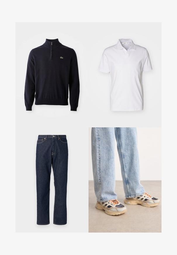 Dunkelblauer Pullover mit einem Viertelreißverschluss-Kragen, Rippbündchen und -saum, aus weichem Material hergestellt, mit einem kleinen grünen Krokodil-Logo auf der Brust.; Weißes Kurzarm-Polohemd mit Kragen und einem kleinen Etikett im Halsbereich vor einem schlichten Hintergrund.; Dunkelblaue Denimjeans mit geradem Bein-Design. Verfügt über einen Knopf- und Reißverschluss, fünf Taschen und Kontrastnähte.; Sportliche Sneakers, die eine Mischung aus grauen, schwarzen und cremefarbenen Materialien aufweisen. Gekennzeichnet durch strukturierte Einsätze und orangefarbene Schnürsenkel, mit einer robusten Sohle.