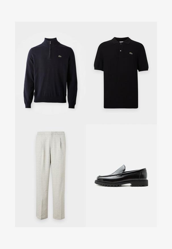 Suéter azul marino con cuello de media cremallera, puños y dobladillo acanalados, hecho de una tela suave, presenta un pequeño logo de cocodrilo verde en el pecho.; Polo negro hecho de tejido de punto, con un cuello clásico, tres botones y un logo de cocodrilo verde en el lado izquierdo. Mangas cortas.; Pantalones gris claro con una tela texturizada, que presentan un corte recto, frente con pliegues y cinturilla estándar. Sin bolsillos o acentos visibles.; Mocasín de cuero negro con suela de goma gruesa, empeine cosido y nombre de la marca en relieve en el talón, mostrado en perfil lateral sobre fondo blanco.