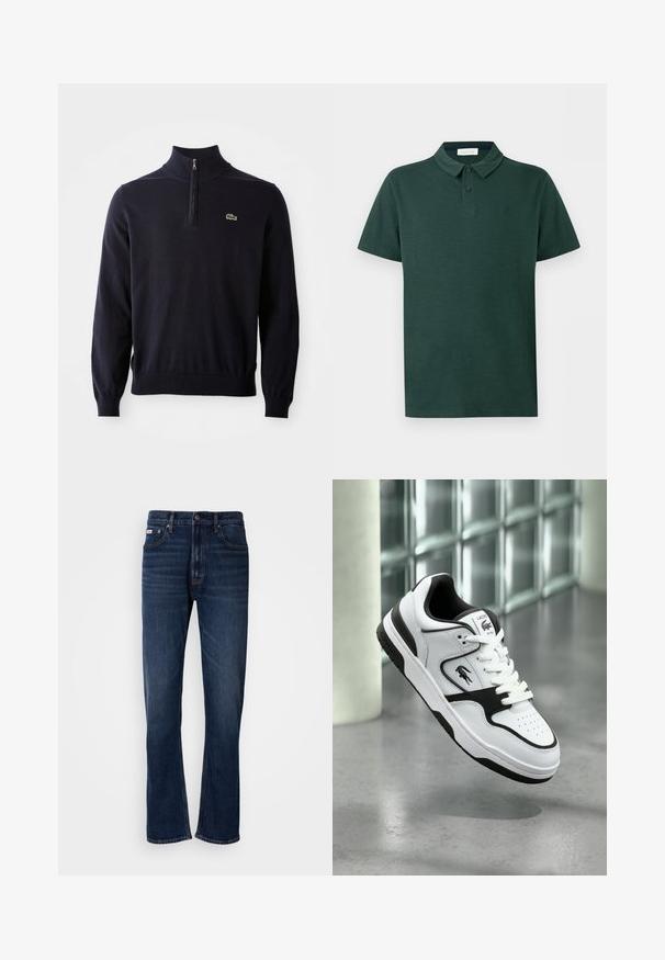 Pull-over bleu marine avec col à fermeture éclair quart de tour, poignets et ourlet côtelés, fabriqué en tissu doux, avec un petit logo de crocodile vert sur la poitrine.; Polo à manches courtes vert foncé avec col, deux boutons et logo brodé subtil sur la poitrine gauche.; Jean en denim bleu foncé avec une coupe droite, doté de cinq poches, d'un zip à l'avant et de coutures contrastées. Tissu texturé avec une finition lisse.; Baskets Lacoste blanches et noires avec lacets, bout perforé et logo sur le côté et la languette, présentées flottant au-dessus d'un sol gris.