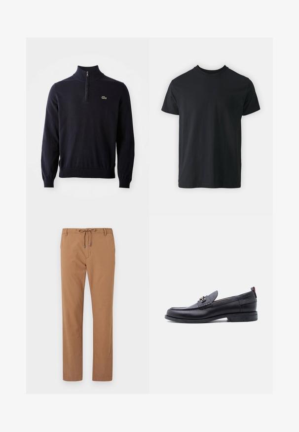 Tumesinine pullover neljatõmbe kaelusega, soonikkoes mansettide ja allaosa äärega, valmistatud pehmest kangast, millel on rinnal väike roheline krokodilli logo.; Must musta lühikeste varrukatega T-särk ümarate kraede ja lõdva lõikega. Sile tekstuur ja sirge äär, ilma nähtavate graafikute või mustriteta.; Meeste sirgete säärega helepruunid püksid, millel on elastne vöökoht ja nöör, esimesed taskud ning sile kangapind.; Mustast nahast mokassiin halli tekstuuriga pealse ja hõbedase metallist pandlaga, madala kontsaga ja tagant tõmblukuga.