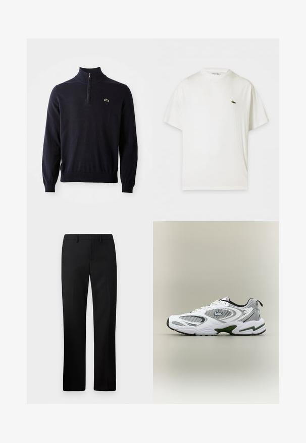 Marineblå pullover med kvart-zip hals, ribbede manchetter og kant, lavet af blødt stof, med et lille grønt krokodillelogo på brystet.; Hvid kortærmet t-shirt med rund hals og lille grønt krokodillelogo på venstre bryst.; Sorte skræddersyede bukser med lige ben-design, lavet af glat stof. Funktioner inkluderer en flad front og mid-rise talje.; Hvid og grå sporty løbesko med mesh-paneler, grønne detaljer, sorte elementer og et logo på siden, vist fra ydersiden.