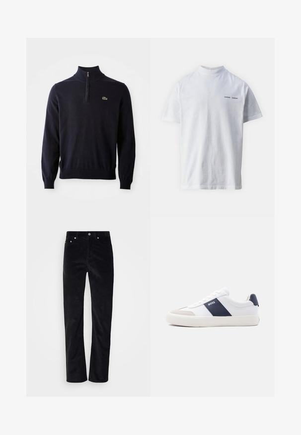 Suéter azul marino con cuello de media cremallera, puños y dobladillo acanalados, hecho de una tela suave, presenta un pequeño logo de cocodrilo verde en el pecho.; Camisa de algodón blanca con un cuello alto y mangas cortas. Presenta el logo "SAMSØE SAMSØE" en negro en la parte delantera. Textura suave.; Pantalones de pana negra con diseño de pierna recta. Presentan un cierre de botón y estilo de cinco bolsillos. Tejido texturizado acanalado.; Zapatilla blanca de corte bajo con raya lateral azul marino, logo "BOSS", puntera beige y suela blanca, mostrada de perfil sobre un fondo claro.