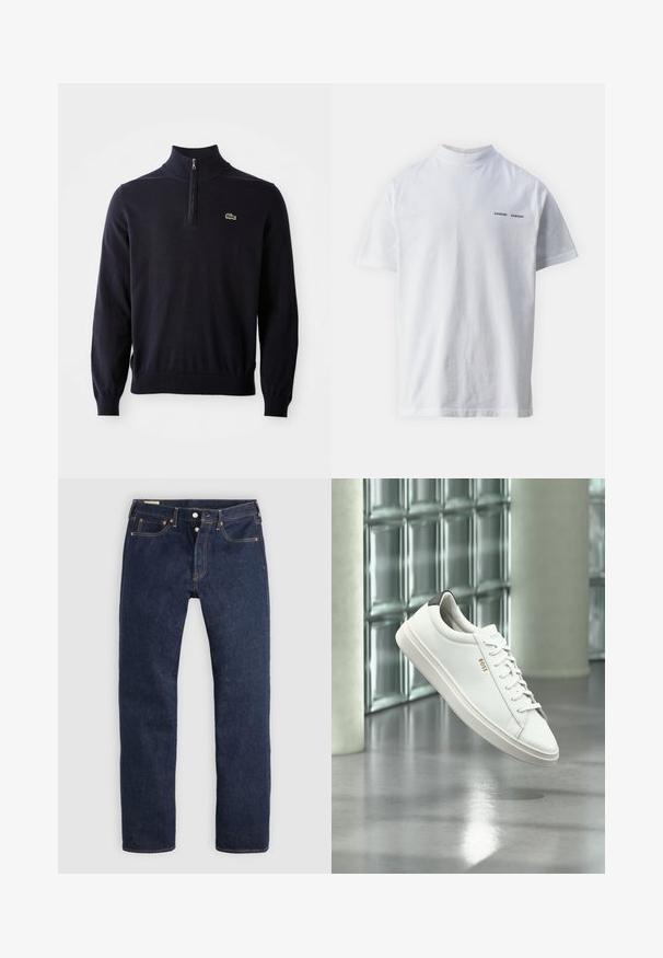 Marineblauwe pullover met een kwart-rits kraag, ribgebreide manchetten en zoom, gemaakt van zacht materiaal, met een klein groen krokodil logo op de borst.; Witte katoenen t-shirt met een hoge hals en korte mouwen. Voorzien van het 'SAMSØE SAMSØE' logo in het zwart op de voorkant. Glad van textuur.; Donkerblauwe recht gesneden spijkerbroek met knoopsluiting, voor- en achterzakken en contrasterende stiksels, plat gelegd op een lichte achtergrond.; Witte leren lage sneaker met veters, zwarte hielstrook en "BOSS"-logo, zwevend binnenshuis bij een glazen stenen muur en gepolijste vloer.