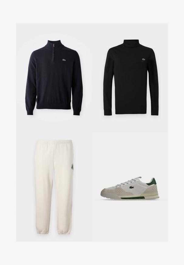Dunkelblauer Pullover mit einem Viertelreißverschluss-Kragen, Rippbündchen und -saum, aus weichem Material hergestellt, mit einem kleinen grünen Krokodil-Logo auf der Brust.; Schwarzes langärmeliges Turtleneck aus glattem Baumwollstoff, mit einem kleinen grünen Krokodil-Logo auf der linken Brust.; Helle beige Sweatpants aus Baumwolle mit einem elastischen Bund, gerippten Bündchen und einem grünen Logo mit Blattdesign am linken Bein.; Low-Top-Sneaker in Beige und Weiß mit grünen Akzenten, strukturiertem Seitenpanel, Perforationen und Schnürverschluss.