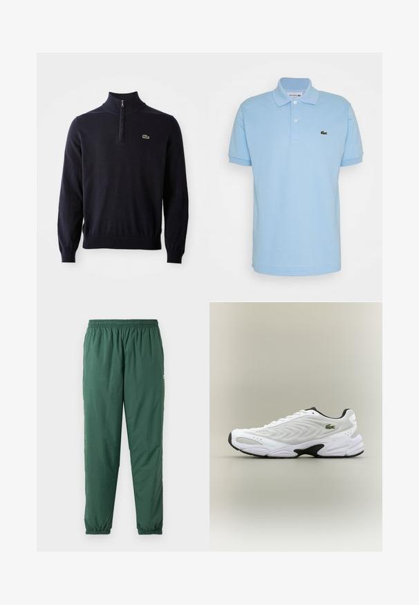 Marineblå pullover med kvart-zip hals, ribbede manchetter og kant, lavet af blødt stof, med et lille grønt krokodillelogo på brystet.; Lyseblå polo-shirt lavet af bomuld, med en foldet krave, tre knapper og et grønt broderet Lacoste-logo på venstre bryst.; Grønne, lette, elastiske bukser med en rynket talje og manchetter, lavet af et glat, vandafvisende materiale.; Hvide atletiske sko med tekstureret mesh-overdel, buet design og kontrasterende sort ydersål. Har en grøn broderet logo på siden.
