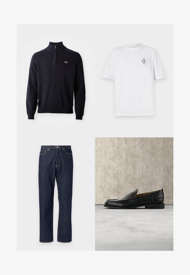 Suéter azul marino con cuello de media cremallera, puños y dobladillo acanalados, hecho de una tela suave, presenta un pequeño logo de cocodrilo verde en el pecho.; Camiseta de algodón blanca con un corte relajado, con un pequeño logotipo gráfico negro en el área del pecho izquierdo. Mangas cortas, estilo cuello redondo.; Jeans de mezclilla azul oscuro con un diseño de pierna recta. Cuenta con un cierre de botón y cremallera, cinco bolsillos y detalles de costura en contraste.; Mocasín de cuero negro para hombre con empeine grabado en relieve de cocodrilo y tacón bajo, mostrado de perfil sobre un fondo neutro.