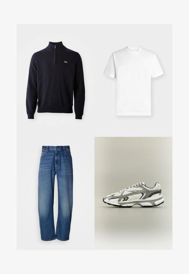 Marineblauwe pullover met een kwart-rits kraag, ribgebreide manchetten en zoom, gemaakt van zacht materiaal, met een klein groen krokodil logo op de borst.; Effen wit T-shirt met korte mouwen en een ronde hals met een klein geperst logo op de linkerborst, getoond op een lichtgrijze achtergrond.; Wijde jeans van denim in een middelblauwe wassing. Voorzien van een ritsvlieger, vijf zakken en lichte vervaging voor een gedragen uitstraling. Klassieke stikdetails.; Sportschoen met een witte mesh bovenkant, grijze accenten, zwarte rubberen zool en een gestroomlijnd ontwerp. Bevat veters en textuurdetails.