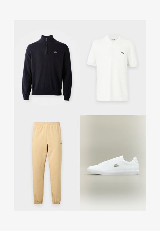 Tumesinine pullover neljatõmbe kaelusega, soonikkoes mansettide ja allaosa äärega, valmistatud pehmest kangast, millel on rinnal väike roheline krokodilli logo.; Valge polo särk, mis on valmistatud siledast puuvillast, klassikalise kraega, kolme nupuga kinnitusega ja väikese rohelise krokodillilogo'ga rinnal.; Beežid treeningpüksid elastse vöökohaga ja ääristega, millel on väike rohelise krokodilli tikand paremal reiel.; Valged nahast tennisetossud kuldse logoga, lamedate paeltega, tekstuurse valge tallaga, ümarate varvastega ja minimalistliku disainiga.