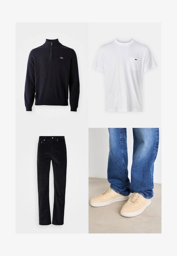 Marineblauwe pullover met een kwart-rits kraag, ribgebreide manchetten en zoom, gemaakt van zacht materiaal, met een klein groen krokodil logo op de borst.; Witte katoenen t-shirt met een ronde halslijn en korte mouwen. Beschikt over een linkerkant borstzakje en een klein groen Lacoste-logo.; Zwarte corduroybroek met een straight leg ontwerp. Voorzien van een knoopsluiting en vijf-pocket styling. Gestructureerde geribbelde stof.; Beige sneakers met een gladde textuur, geperforeerde details en een witte rubberen zool, gecombineerd met blauwe denim jeans.
