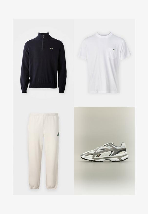 Pull-over bleu marine avec col à fermeture éclair quart de tour, poignets et ourlet côtelés, fabriqué en tissu doux, avec un petit logo de crocodile vert sur la poitrine.; T-shirt en coton blanc avec un col rond et des manches courtes. Il présente une poche sur la poitrine gauche et un petit logo Lacoste vert.; Pantalon de jogging beige clair en coton, doté d'une taille élastique, de poignets en côtes et d'un logo vert avec un design de feuille sur la jambe gauche.; Chaussure de sport avec une tige en mesh blanc, des accents gris, une semelle en caoutchouc noire et un design épuré. Elle présente des lacets et des détails texturés.