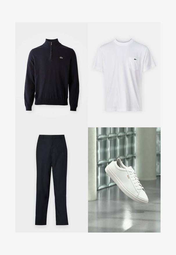 Marineblauwe pullover met een kwart-rits kraag, ribgebreide manchetten en zoom, gemaakt van zacht materiaal, met een klein groen krokodil logo op de borst.; Witte katoenen t-shirt met een ronde halslijn en korte mouwen. Beschikt over een linkerkant borstzakje en een klein groen Lacoste-logo.; Navyblauwe broek van gladde stof, met een rechte pijpdesign, een enkele knoopsluiting en subtiele voorplooien.; Witte leren lage sneaker met veters, zwarte hielstrook en "BOSS"-logo, zwevend binnenshuis bij een glazen stenen muur en gepolijste vloer.