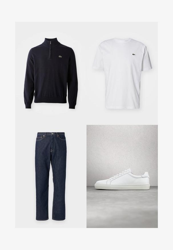 Dunkelblauer Pullover mit einem Viertelreißverschluss-Kragen, Rippbündchen und -saum, aus weichem Material hergestellt, mit einem kleinen grünen Krokodil-Logo auf der Brust.; Weißes Baumwoll-T-Shirt mit Rundhalsausschnitt, kurzen Ärmeln und einem kleinen grünen gestickten Logo auf der Brust. Klassisches, gerades Schnittdesign.; Dunkelblaue Denimjeans mit geradem Bein-Design. Verfügt über einen Knopf- und Reißverschluss, fünf Taschen und Kontrastnähte.; Weißer Sneaker mit glattem Lederobermaterial und niedrigem Profil. Verfügt über eine runde Zehenpartie, sechs Ösen und eine strukturierte Gummisohle.
