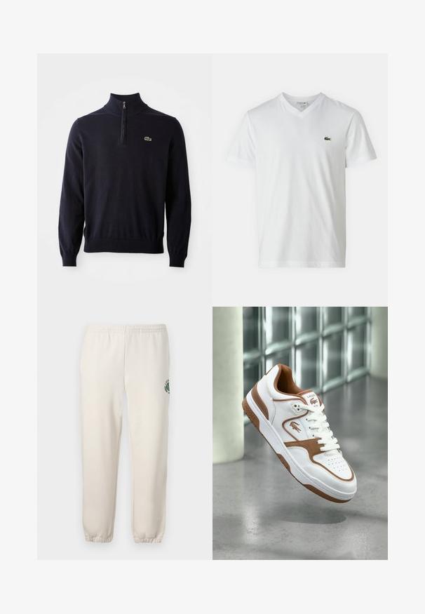 Dunkelblauer Pullover mit einem Viertelreißverschluss-Kragen, Rippbündchen und -saum, aus weichem Material hergestellt, mit einem kleinen grünen Krokodil-Logo auf der Brust.; Weißes Baumwoll-T-Shirt mit V-Ausschnitt, kurzen Ärmeln und kleinem grünen Krokodil-Logo auf der linken Brust. Einfaches und leichtes Design.; Helle beige Sweatpants aus Baumwolle mit einem elastischen Bund, gerippten Bündchen und einem grünen Logo mit Blattdesign am linken Bein.; Weißer und brauner Lacoste-Sneaker mit Schnürsenkeln, Logo und Perforationen, schwebend über einem polierten Betonboden in der Nähe von Glasbausteinen.