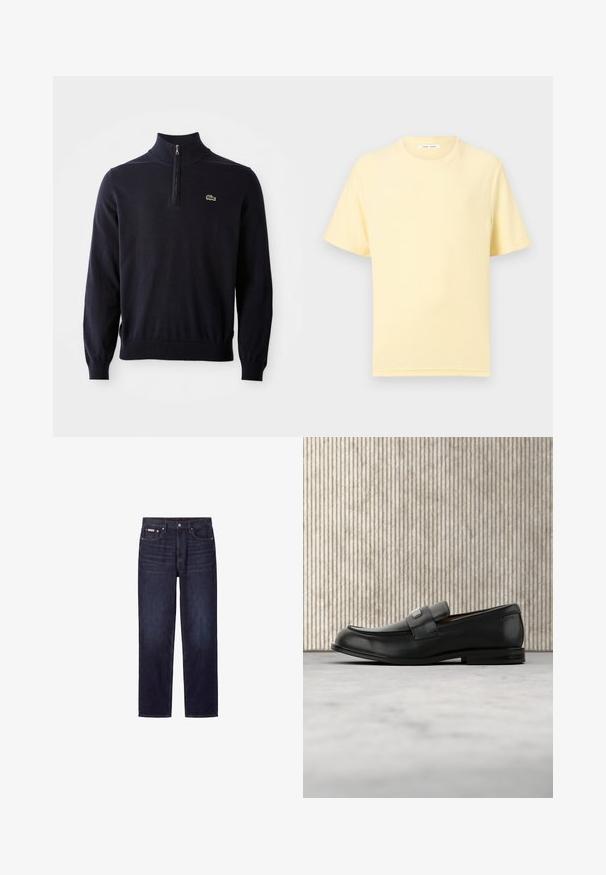 Dunkelblauer Pullover mit einem Viertelreißverschluss-Kragen, Rippbündchen und -saum, aus weichem Material hergestellt, mit einem kleinen grünen Krokodil-Logo auf der Brust.; Weiches, gelbes T-Shirt mit kurzen Ärmeln und Rundhalsausschnitt in entspannter Passform vor einfarbig hellem Hintergrund.; Dunkelblaue Straight-Leg-Jeans mit fünf Taschen, Knopfverschluss und sichtbaren Nähten.; Schwarzer Lederloafer mit einer Metallmarkenplatte, der nahe einem braunen runden Tisch auf beigem Teppichboden ruht.