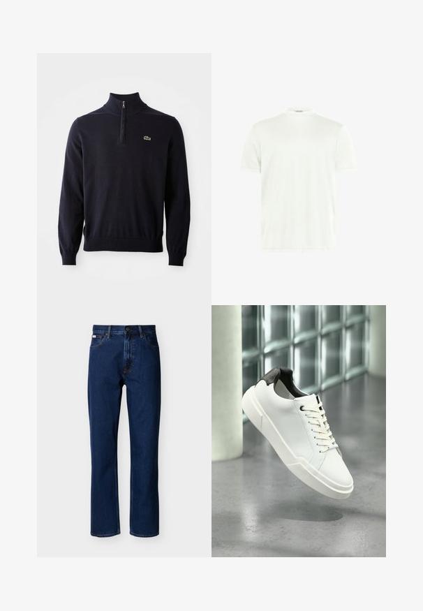 Suéter azul marino con cuello de media cremallera, puños y dobladillo acanalados, hecho de una tela suave, presenta un pequeño logo de cocodrilo verde en el pecho.; Camiseta blanca de cuello redondo hecha de tela suave. Mangas cortas, sin estampados. Diseño simple con dobladillo recto y detalles mínimos.; Vaqueros azul oscuro de corte recto hechos de mezclilla, con un diseño clásico de cinco bolsillos, costuras sutiles y cierre frontal con botón.; Zapatilla blanca de perfil bajo con lengüeta del talón texturizada en negro, cordones blancos y suela gruesa sobre un suelo de cemento pulido cerca de bloques de vidrio.