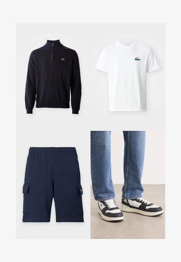 Marineblauwe pullover met een kwart-rits kraag, ribgebreide manchetten en zoom, gemaakt van zacht materiaal, met een klein groen krokodil logo op de borst.; Lacoste T-shirt print - white/green; Marineblauwe cargoshorts gemaakt van zachte stof, met een elastische tailleband, twee zijzakken en een klein logoaccent op de linkerzak.; Zwart-witte lage sneakers met een gestructureerde bovenkant, geperforeerde neus, witte veters en een crème-kleurige zool.