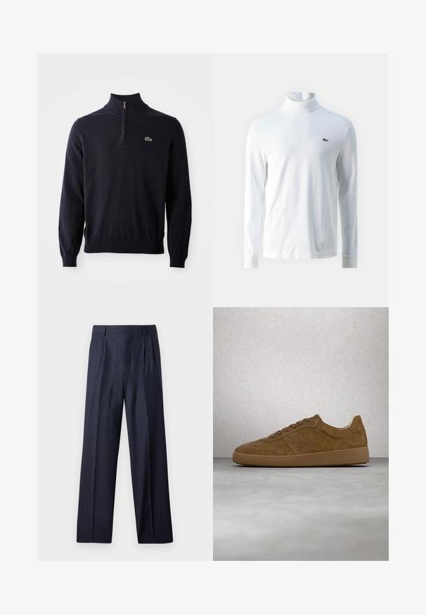 Marineblå pullover med kvart-zip hals, ribbede manchetter og kant, lavet af blødt stof, med et lille grønt krokodillelogo på brystet.; Hvid langærmet turtleneck trøje lavet af blødt stof, med et lille grønt broderet logo på brystet og tætsiddende mancher.; Marineblå uldbukser med en skræddersyet pasform, der har plisseret foran og brede ben. Glat tekstur og rene linjer, velegnet til formelle anledninger.; Brun ruskindsneaker med tanfarvede snørebånd og gummisål. Har en rundet snude og synlige stikninger på overdelen. Letvægtsdesign.