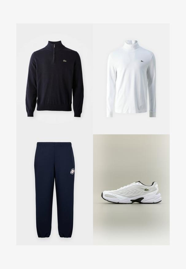Dunkelblauer Pullover mit einem Viertelreißverschluss-Kragen, Rippbündchen und -saum, aus weichem Material hergestellt, mit einem kleinen grünen Krokodil-Logo auf der Brust.; Weißes Langarm-Turtleneck-Shirt aus weichem Stoff, mit einem kleinen grünen gestickten Logo auf der Brust und schmalen Bündchen.; Navyblaue Sweatpants aus weichem Baumwollmaterial mit elastischen Bündchen und Bund. Mit einem weißen Lacoste Paris Logo auf dem linken Bein.; Weißer Sportschuh mit strukturiertem Mesh-Obermaterial, geschwungenem Design und kontrastierender schwarzer Laufsohle. Mit grünem gesticktem Logo an der Seite.