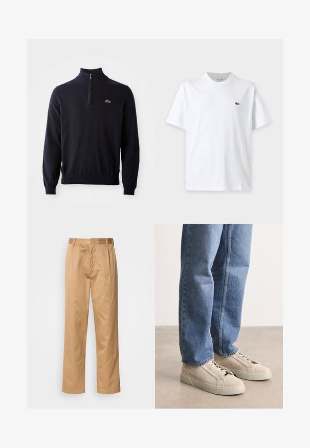 Dunkelblauer Pullover mit einem Viertelreißverschluss-Kragen, Rippbündchen und -saum, aus weichem Material hergestellt, mit einem kleinen grünen Krokodil-Logo auf der Brust.; Schlichtes weißes T-Shirt mit kurzen Ärmeln, Rundhalsausschnitt und kleinem grünem Krokodil-Logo auf der linken Brust.; Khaki-Hosen aus Baumwollmischung, im geraden Schnitt, mit Vorderfalten, Gürtelschlaufen und Knopfverschluss. Glatte Textur ohne Muster.; BOSS GARYTENN_SDHDEL - Sneaker low - natural ten