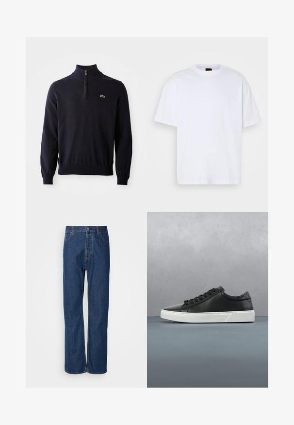Marineblå pullover med kvart-zip hals, ribbede manchetter og kant, lavet af blødt stof, med et lille grønt krokodillelogo på brystet.; Hvid bomulds T-shirt med rund hals, korte ærmer og en afslappet pasform. Har strukturerede skuldersømme for ekstra detaljer.; Blå denim jeans med lige ben, der har en knaplukning, fem lommer og kontraststikninger langs sømmene.; Sorte lædersneakers med rund tå, tekstureret overflade, hvid gummisål og sorte snørebånd. Minimalistisk design med en slank profil.