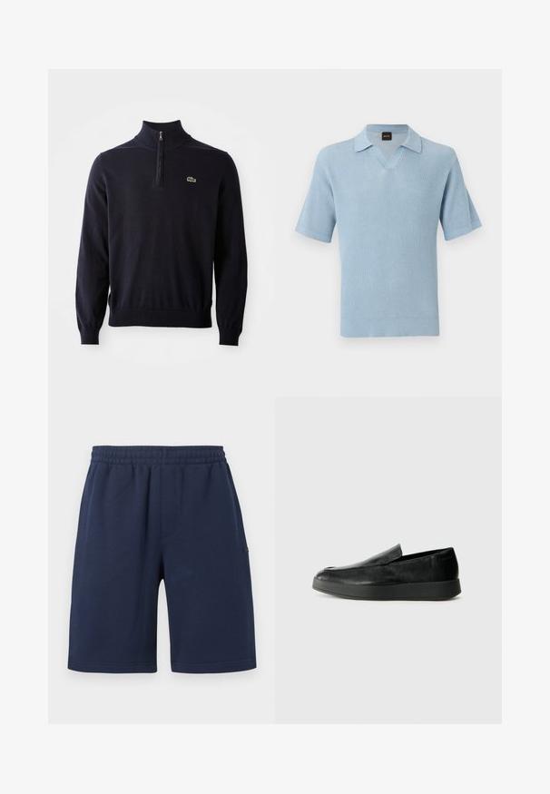 Marineblå pullover med kvart-zip hals, ribbede manchetter og kant, lavet af blødt stof, med et lille grønt krokodillelogo på brystet.; Lyseblå kortærmet strikket polo med ribstrikket struktur, åben V-hals og BOSS-mærke indeni kraven.; Mørkeblå elastiske træningsshorts med sidelommer, knælange, ensfarvede, vist mod en hvid baggrund.; Calvin Klein HYBRID CUP - Loafers - triple black