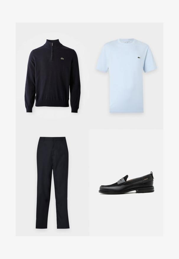 Suéter azul marino con cuello de media cremallera, puños y dobladillo acanalados, hecho de una tela suave, presenta un pequeño logo de cocodrilo verde en el pecho.; Camiseta de manga corta azul claro hecha de un suave material de algodón. Presenta un pequeño logo bordado de cocodrilo verde en el pecho.; Pantalones azul marino de tejido suave, con un diseño de pierna recta, cierre de un solo botón y suaves plisados en la parte frontal.; Mocasín de cuero negro con detalle de tira gris, tacón bajo y suela texturizada, con la marca "HUGO" en oro en el lateral.