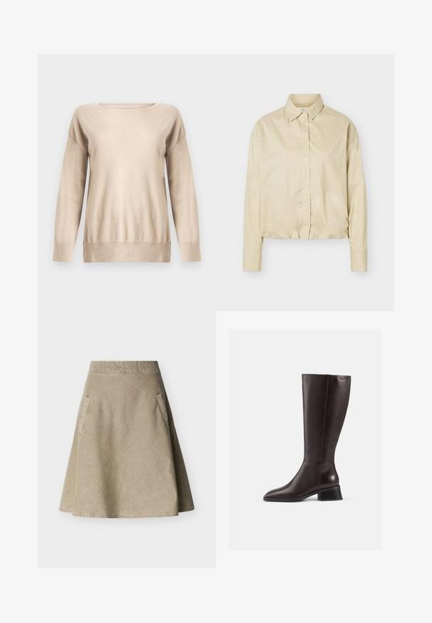 Pull beige en maille douce, doté d'un col rond, de manches longues et d'une coupe décontractée avec des poignets et un ourlet côtelés.; Chemise beige à manches longues avec boutons, col pointu et ourlet élastiqué, présentée à plat sur un fond clair.; Jupe beige mi-genoux en coupe trapèze avec poches latérales et large ceinture, confectionnée en tissu doux et texturé.; Bottes en cuir marron arrivant au genou avec une finition lisse, bout rond et un talon empilé noir. Design simple avec des détails matériels minimaux.