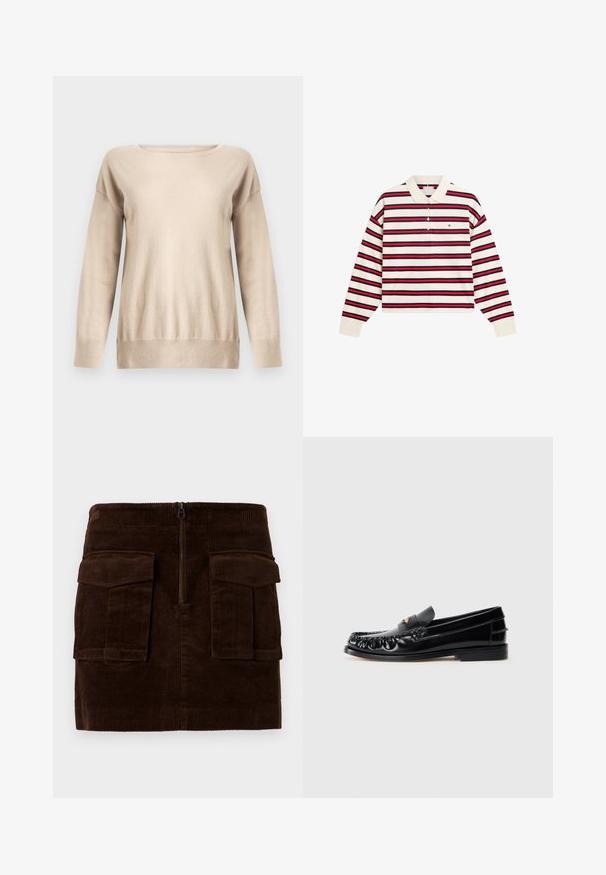 Pull beige en maille douce, doté d'un col rond, de manches longues et d'une coupe décontractée avec des poignets et un ourlet côtelés.; Polo à manches longues avec base blanche et rayures horizontales bleu marine et rouge, avec un petit logo brodé sur la poitrine.; Jupe en velours côtelé marron avec fermeture éclair, dotée de deux poches avant et d'un motif ribbé texturé, arrivant au genou avec une coupe droite.; Mocassins en cuir noir avec un bout arrondi, des coutures décoratives et un petit accent doré sur le dessus. Semelle en caoutchouc plate, design épuré.
