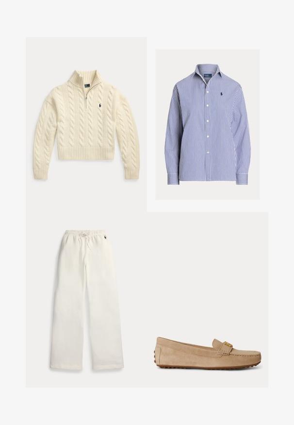Flødefarvet kabelstrikket sweater med lange ærmer, ribstrikkede manchetter og kant, en kvart lynlås-hals og et lille broderet navy-logo på brystet.; Blå og hvide lodrette stribede langærmet skjorte med krave og lille broderet logo på venstre bryst.; Hvide sweatpants med brede ben, elastisk talje, snøre, sidelommer og lille mørkeblå logo nær den højre lomme.; Beige ruskind slip-on loafer med syninger, en guldfarvet metalspænde på toppen og en gummisål med grebstifter.
