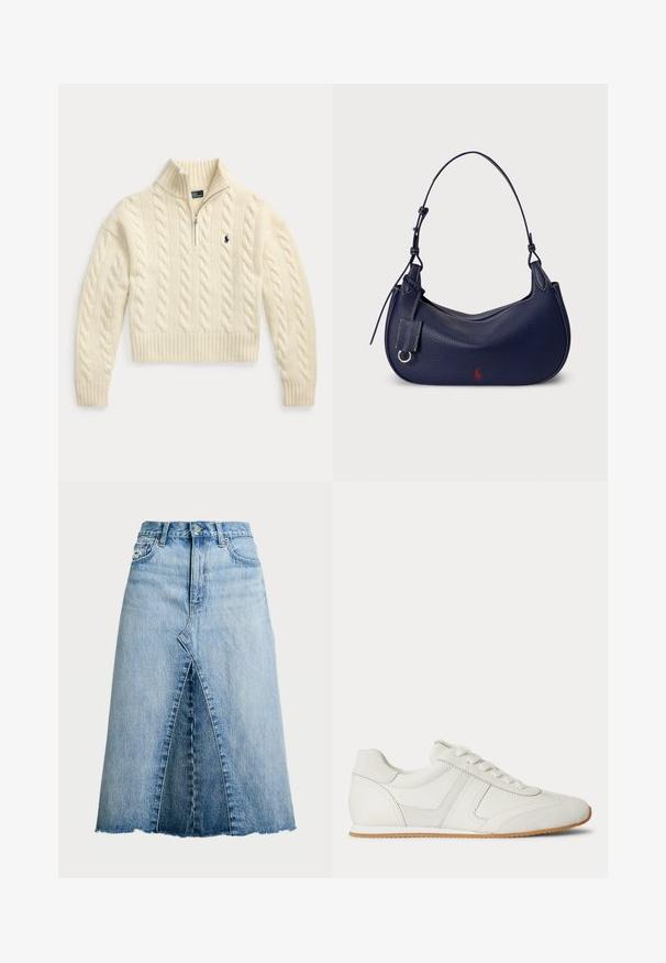 Cremefarbener, kabelgestrickter Pullover mit langen Ärmeln, gerippten Bündchen und Saum, einem Viertel-Reißverschlusskragen und einem kleinen bestickten marineblauen Logo auf der Brust.; Polo Ralph Lauren PANELED DENIM A LINE SKIRT - A-Linien-Rock - lindale wash; Weißer Sneaker mit niedrigem Schaft, Schnürung vorne, Velours- und Lederpaneelen sowie einer hellbraunen Gummisohle auf weißem Hintergrund.; Marineblaue Leder-Hobo-Tasche mit geschwungener Form, strukturierter Oberfläche, verstellbarem Schulterriemen und einem kleinen roten Logoakzent auf einer Seite.