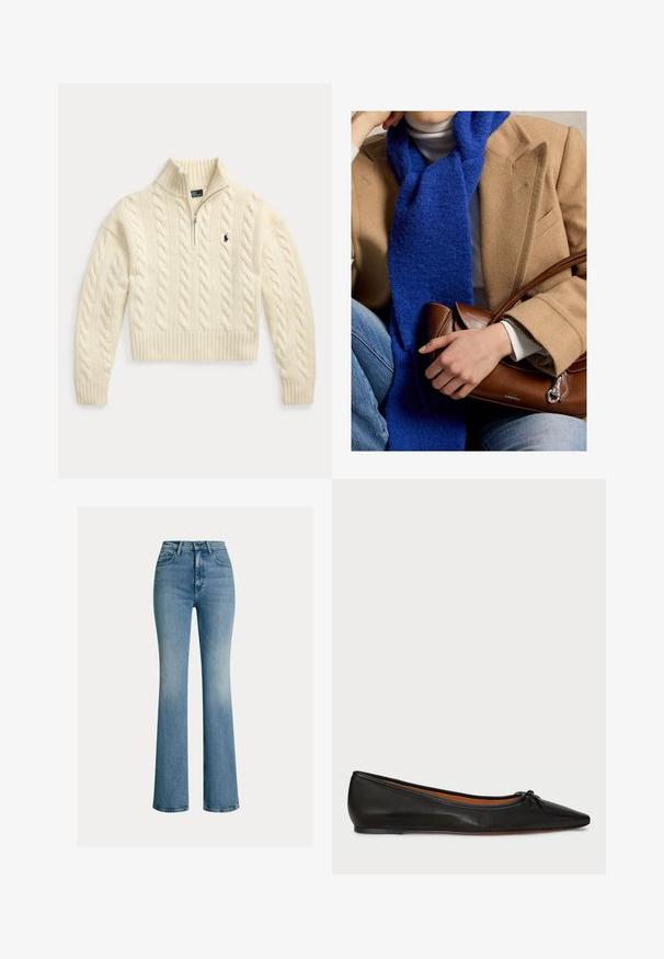 Cremefarbener, kabelgestrickter Pullover mit langen Ärmeln, gerippten Bündchen und Saum, einem Viertel-Reißverschlusskragen und einem kleinen bestickten marineblauen Logo auf der Brust.; Blaue hoch taillierte Jeans mit Vordertaschen, Gürtelschlaufen und einem leichten Schlag am Saum.; Schwarze Leder-Ballerinas mit spitzem Zeh, schlanker Silhouette und einem kleinen Schleifendetail an der Vorderseite. Glatte Textur und minimalistisches Design.; Person trägt einen Kamelmantel, weißen Rollkragenpullover, blauen Schal und Jeans und hält eine braune Ledertasche mit kurzem Griff im Schoß.