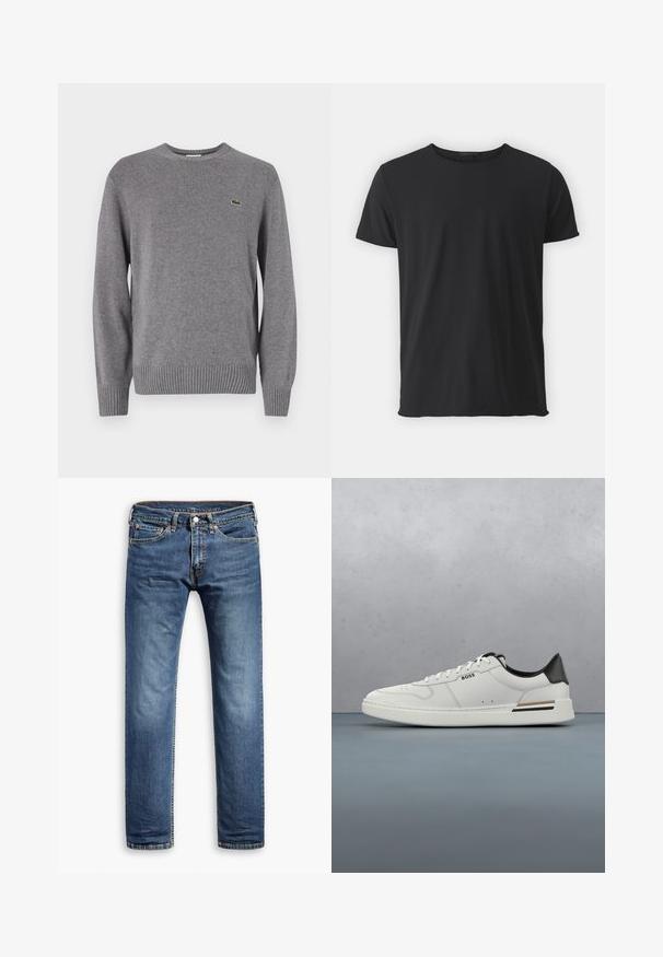 Grauer gestrickter Pullover mit Rundhalsausschnitt, gerippten Bündchen und Saum, versehen mit einem kleinen grünen Krokodil-Logo auf der linken Brust.; Schwarz, kurzärmliges T-Shirt aus weicher Baumwolle, mit klassischem Rundhalsausschnitt und glatter Oberfläche, in gerader Form.; Blaue Jeans aus Denim mit geradem Bein, klassischer Fünf-Taschen-Stil, dezente Ausbleichungen und Nähte entlang der Nähte.; Weißer Sneaker mit niedrigem Schnitt und schwarzer Ferse, Schnürverschluss, dezenten Perforationen und "BOSS"-Logo an der Seite, gezeigt von der äußeren Seitenansicht.