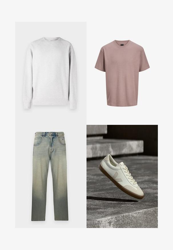 Lys grå crew neck sweatshirt med lange ærmer, ribbede manchetter og kant, vist mod en hvid baggrund.; Kortærmet, lys lavendelfarvet T-shirt med rund hals og et lille diskret logo på venstre bryst, vist på en ensfarvet hvid baggrund.; Falmede denimjeans med lige ben, fem lommer, knaplukning og diskrete syninger nær forlommerne.; Hvide læder sneakers med tanfarvet gummisål, flade snørebånd og V-formet detalje på siden. Har en glat overflade og minimale syninger.
