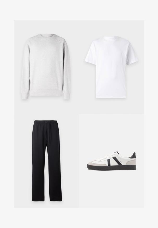 Svetlo šedý crew neck sveter s dlhými rukávmi, s rebrovanými manžetami a lemom, vystavený na bielom pozadí.; Biela krátka rukávová tričko vyrobené z bavlny s okrúhlym výstrihom, s hladkou textúrou a jednoduchým dizajnom bez vzorov alebo akcentov.; Abercrombie & Fitch ESSENTIAL BAGGY OPEN HEM CASUAL - Tepláky - black; Biele tenisky s čiernymi a šedými akcentmi, s textúrovanou šedou špičkou, čiernou gumovou podrážkou a plochými bielymi šnúrkami. Čistý dizajn, minimalistický štýl.