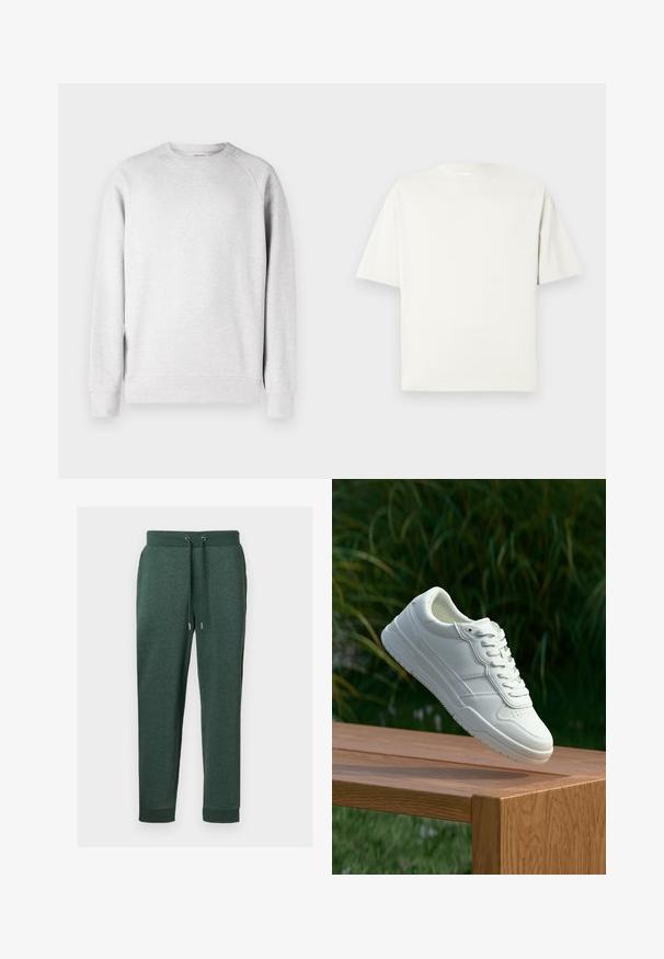Hele hall värvi crew kaelusega dressipluus, millel on pikad varrukad, soonikust mansetid ja alläär, esitatud valge tausta ees.; Lihtne valge lühikeste varrukatega crewneck T-särk, millel on mugav lõige, esitleb kerget halli tausta.; Tumesoodsad dressipüksid nöörvööga, küljetaskute ja sooniliste mansettidega, tehtud pehmest, tekstuuriga kangast.; Valge nahast spordijalanõud sileda tekstuuriga, millel on aukudega disain, klassikaline paelumine ja kummitald, asetatud puidust pinna kohale.