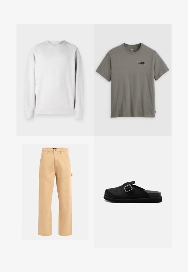 Svetlo šedý crew neck sveter s dlhými rukávmi, s rebrovanými manžetami a lemom, vystavený na bielom pozadí.; Zelené tričko Levi's s krátkym rukávom a okrúhlym výstrihom s čiernym logom na ľavej strane hrude a malou červenou štítkom na ľavom bočnom šve.; Bežové cargo nohavice s vysokým pásom, širokými nohavicami a viditeľným šitím. Obsahujú veľké postranné vrecká a pútko na pás na pravej strane bokov.; Čierny slip-on drevák s textúrovaným horným dielom, strieborným pásikom so sponou a hrubou ryhovanou podrážkou, zobrazený z boku na bielom pozadí.
