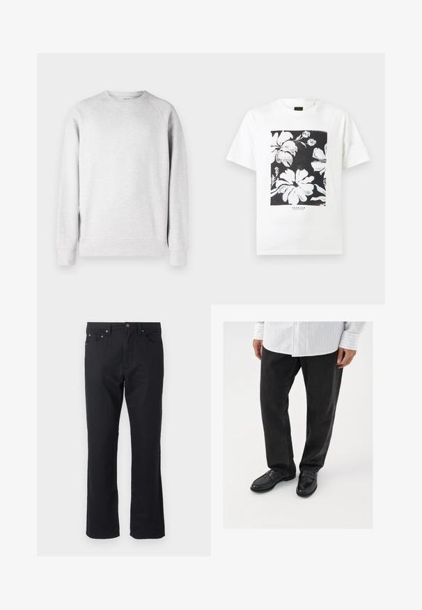 Sudadera de cuello redondo en gris claro, con mangas largas, puños y dobladillo acanalados, exhibida sobre un fondo blanco.; Camiseta blanca de manga corta con gráfico floral en blanco y negro centrado en el pecho y pequeño texto "Premium" debajo del diseño.; Pantalones negros de corte recto con botón y cremallera frontal, diseño de cinco bolsillos y trabillas para cinturón sobre fondo blanco.; Pantalones de mezclilla negros combinados con mocasines negros brillantes. La camisa es blanca con finas rayas verticales, de mangas largas y con cuello abotonado.