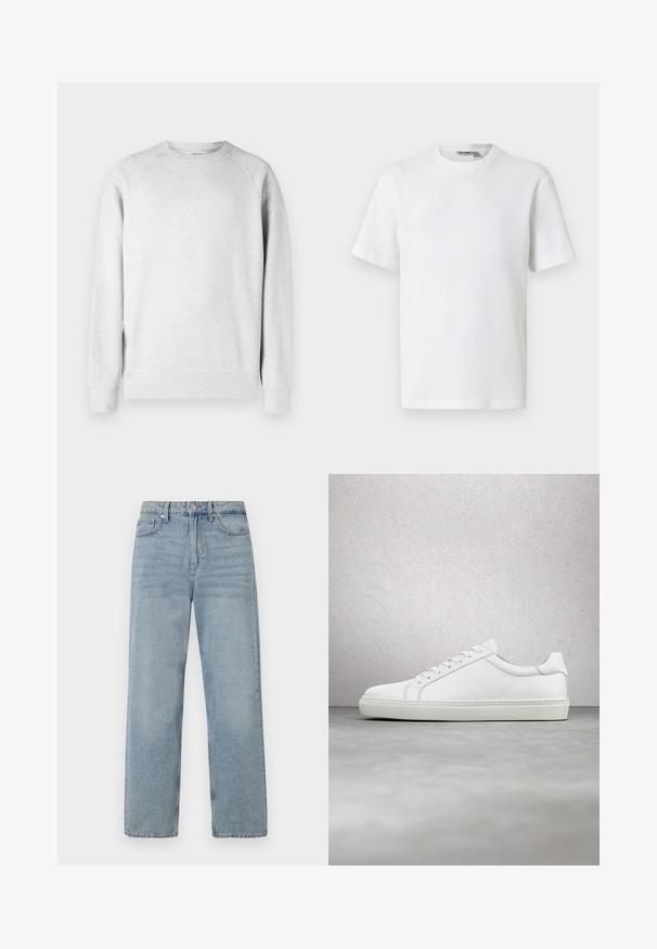 Svetlo šedý crew neck sveter s dlhými rukávmi, s rebrovanými manžetami a lemom, vystavený na bielom pozadí.; Biele tričko s krátkym rukávom, vyrobené z vaflového úpletu, s okrúhlym výstrihom a malou značkovou nálepkou vo vnútri goliera, zobrazené na jednoliatej pozadí.; Svetlo modré deninové džínsy s vysokým pásom, rovnými nohavicami, päť vreckami a jemným vyblednutím pre obnošený efekt.; Biele tenisky s hladkým koženým zvrškom a nízkym profilom. Majú zaoblenú špičku, šesť očiek a štruktúrovanú gumovú podrážku.