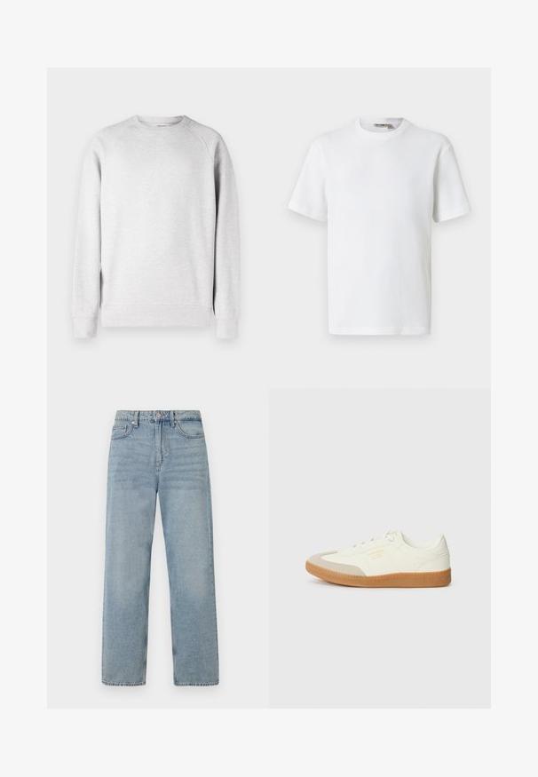 Svetlo šedý crew neck sveter s dlhými rukávmi, s rebrovanými manžetami a lemom, vystavený na bielom pozadí.; Biele tričko s krátkym rukávom, vyrobené z vaflového úpletu, s okrúhlym výstrihom a malou značkovou nálepkou vo vnútri goliera, zobrazené na jednoliatej pozadí.; Svetlo modré deninové džínsy s vysokým pásom, rovnými nohavicami, päť vreckami a jemným vyblednutím pre obnošený efekt.; Tenisky vyrobené z bielej kože s béžovou špičkou a svetlohnedou gumovou podrážkou. Majú ploché biele šnúrky a embosované logo na boku.