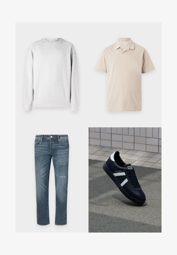 Hellegrauer Rundhalsausschnitt-Sweatshirt mit langen Ärmeln, gerippten Bündchen und Saum, vor einem weißen Hintergrund präsentiert.; Beige kurzärmeliges Polohemd mit Kragen und teilweise geöffnetem Ausschnitt, dargestellt vor einem schlichten hellen Hintergrund.; Dunkelblaue Denim-Jeans mit geradem Schnitt, mit einem abgenutzten Knie-Detail, fünf Taschen und Kontrastnähten. Klassischer Knopf- und Reißverschluss.; Schwarze Leder-Sneaker mit weißen Streifen, strukturiertem Gummisohle und Schnürung. Verfügt über ein Markenetikett auf der Zunge.