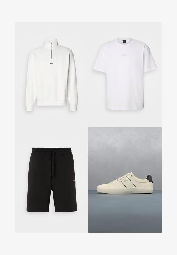 Sudadera blanca de cuello alto con media cremallera, que presenta un pequeño logo negro "HUGO" centrado en el pecho. Textura de tela suave.; Camiseta de algodón blanca de manga corta, con escote redondo y logotipo grabado de "BOSS" en el pecho. Textura suave, ajuste estándar.; Pantalones cortos de algodón negros con cintura elástica y cordón. Presentan bolsillos laterales y un pequeño logo en la parte frontal. Textura suave.; Zapatillas de color crema con una textura suave, que presentan acentos y marcas en negro. Diseño clásico de cordones con punta redonda y suela de goma.