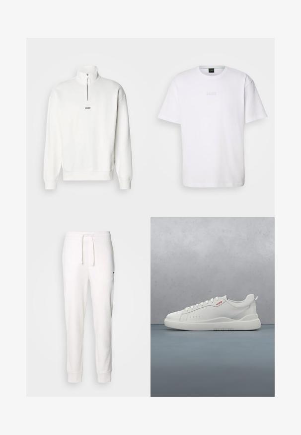 Witte pullover sweatshirt met een hoge kraag en een halve rits, uitgerust met een klein zwart "HUGO" logo gecentreerd op de borst. Zachte stoftextuur.; Witte katoenen T-shirt met korte mouwen, ronde halslijn en reliëf 'BOSS' logo op de borst. Veilig textuur, standaard pasvorm.; Witte katoenen sweatpants met een elastische tailleband, een trekkoord en ribbelmanchetten. Heeft een klein zwart logo aan de zijkant.; Witte sneaker met een gladde leren afwerking, ronde neus, vier veterogen, subtiele perforaties en een rood logo detail aan de zijkant.