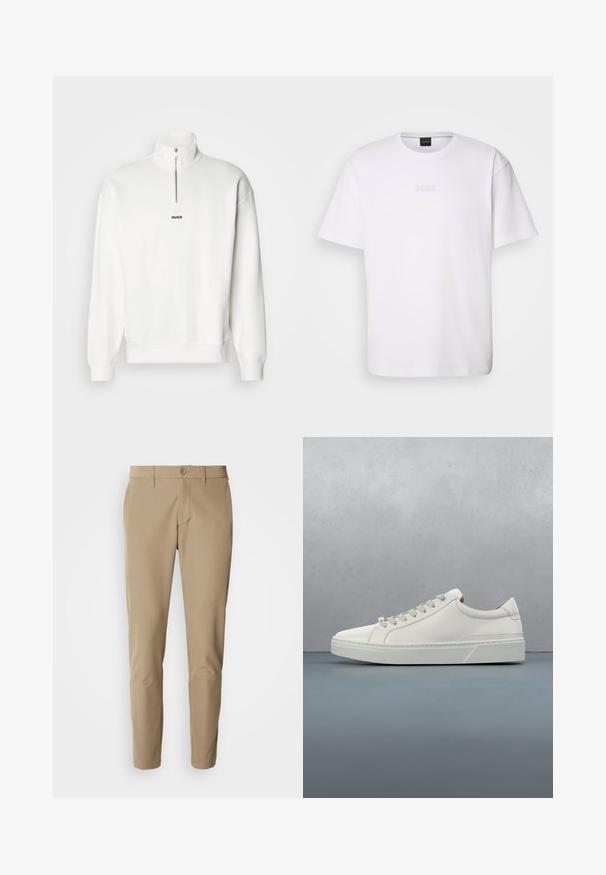 Witte pullover sweatshirt met een hoge kraag en een halve rits, uitgerust met een klein zwart "HUGO" logo gecentreerd op de borst. Zachte stoftextuur.; Witte katoenen T-shirt met korte mouwen, ronde halslijn en reliëf 'BOSS' logo op de borst. Veilig textuur, standaard pasvorm.; Beige broek van gladde stof met een rechte snit, voorzien van een knoopsluiting en voorzakken, en inclusief riemlussen.; Witte leren sneaker met een ronde neus, minimalistisch ontwerp, grijze veters en een gestructureerde grijze rubberen zool. Fijne stikdetails zichtbaar.